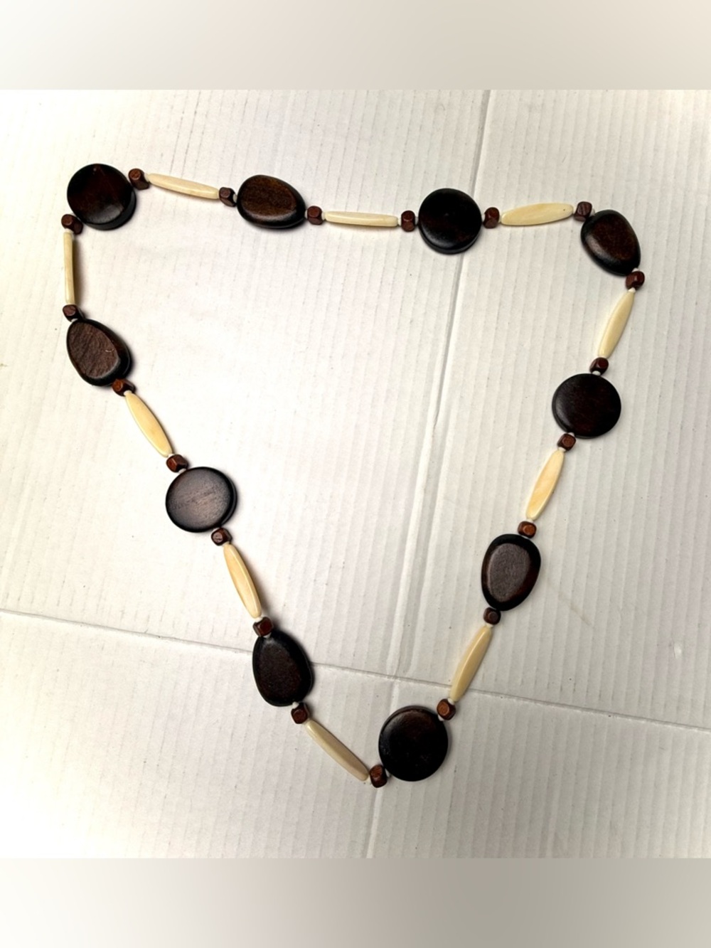 Vintage Brown Wood Disc Cream Beaded Necklace Bohemian Ethnic Boho‎ Natural